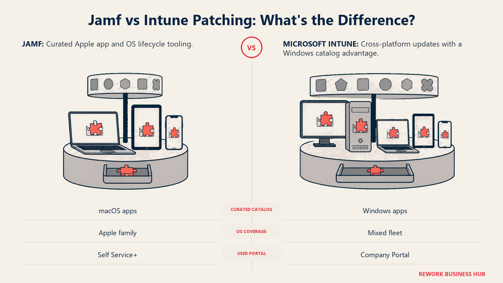 Jamf and Intune patching compared through matched repair benches specialized for Apple apps and Windows catalog updates