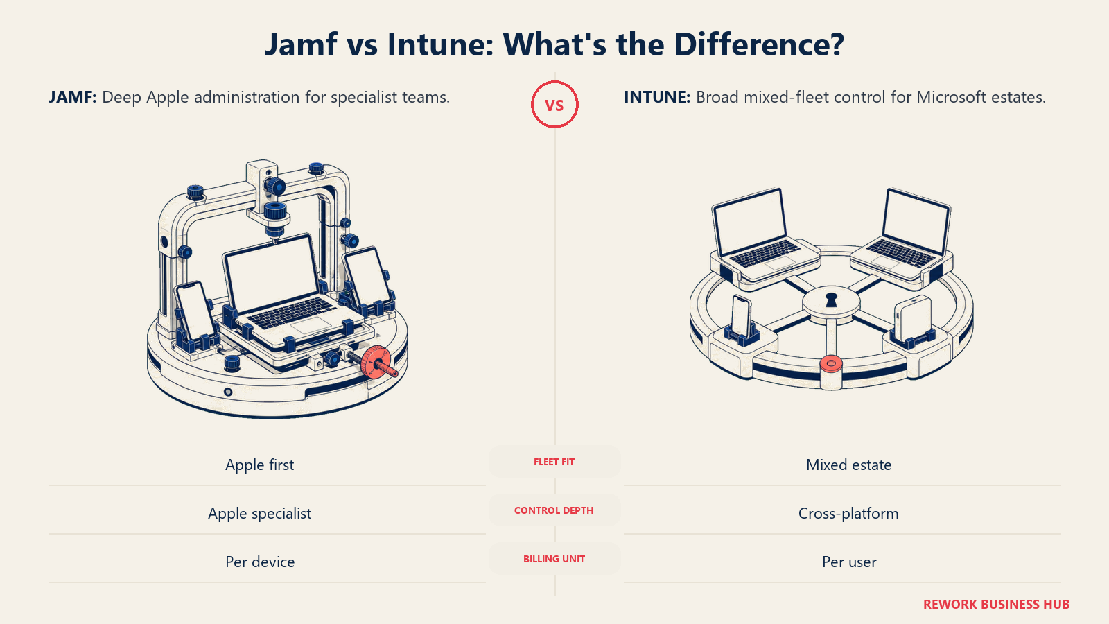 Jamf and Intune compared through a precision Apple device workshop and a broad mixed-fleet Microsoft control station