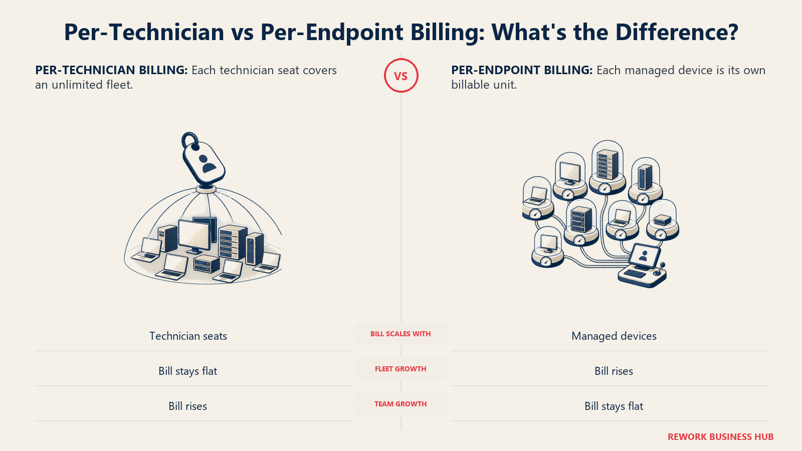 Per-technician versus per-endpoint RMM billing shown as one seat covering a fleet beside individually metered devices