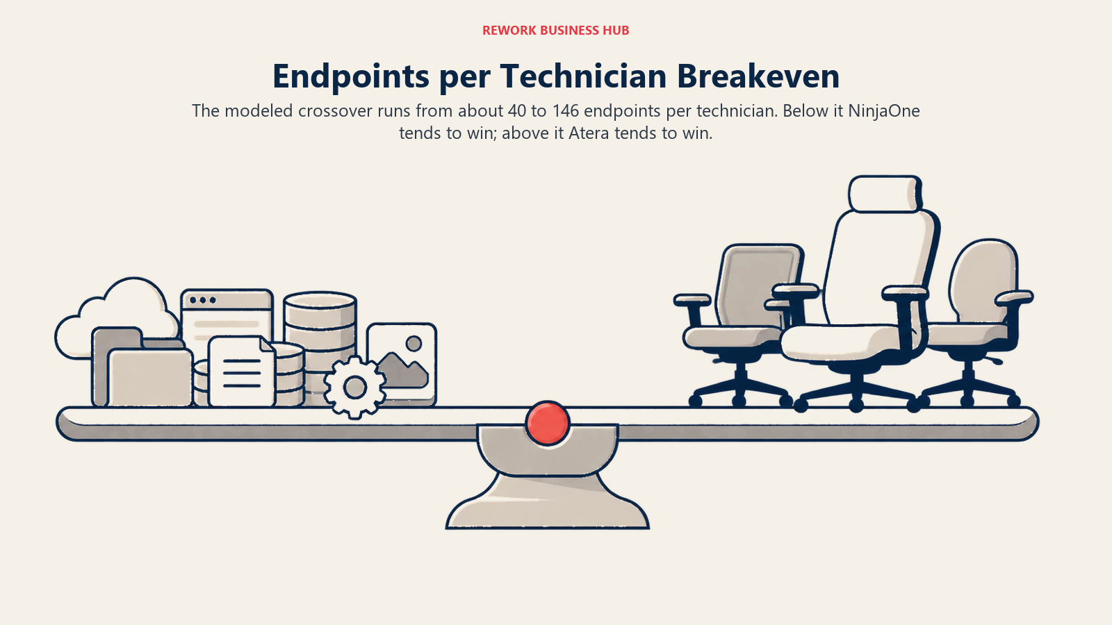 Endpoints per technician breakeven shown as a ratio balance with a crossover band between device-heavy and technician-heavy teams