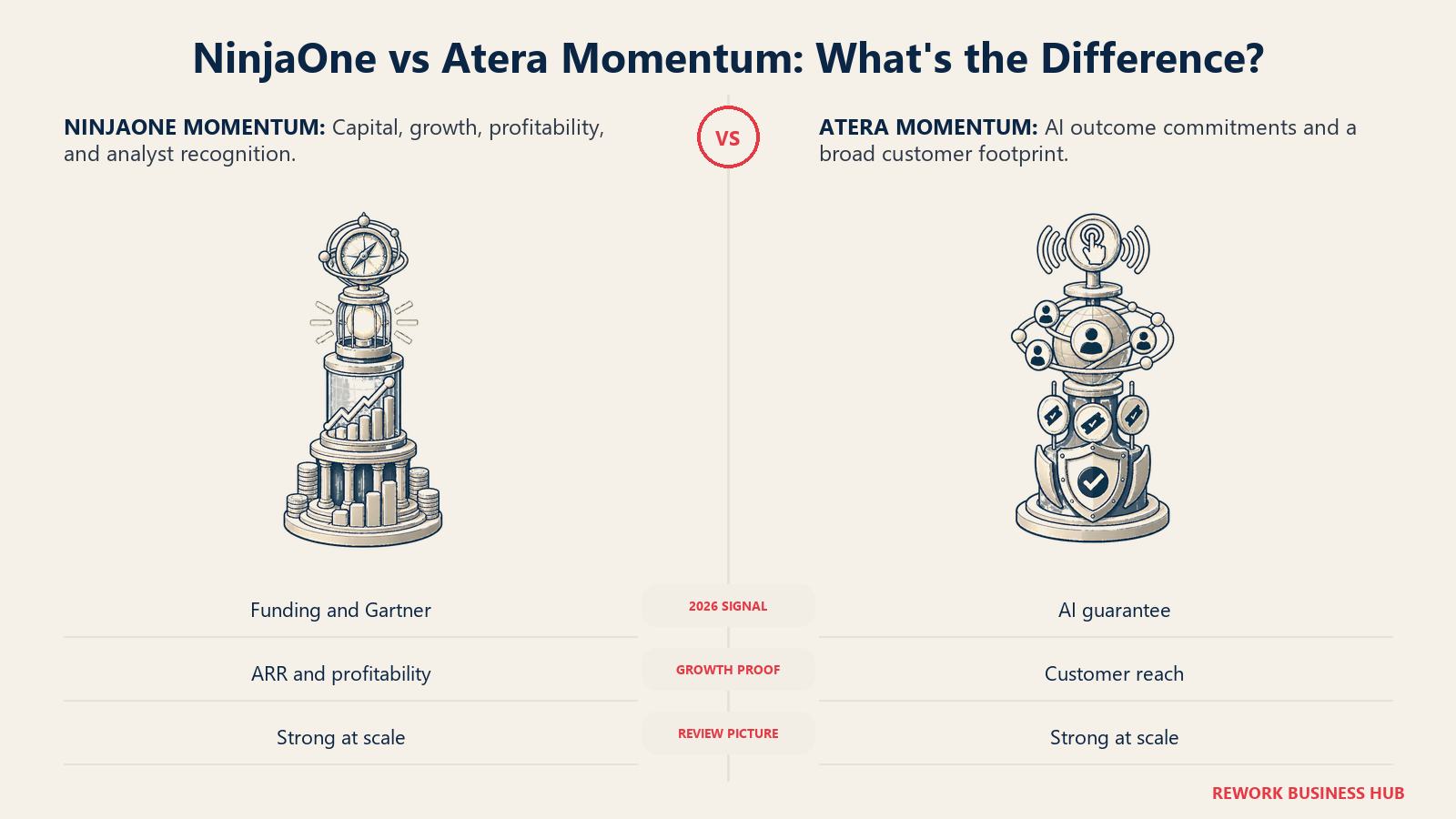 NinjaOne and Atera market momentum shown as a growth and analyst signal tower beside an AI outcome guarantee beacon