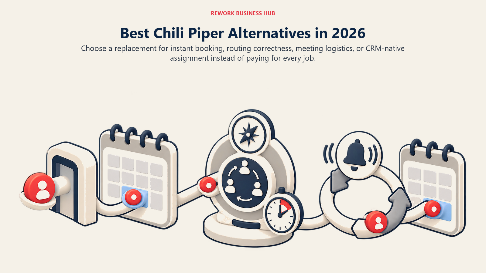 Best Chili Piper alternatives shown as an inbound revenue handoff across instant booking, rep routing, and meeting recovery stations