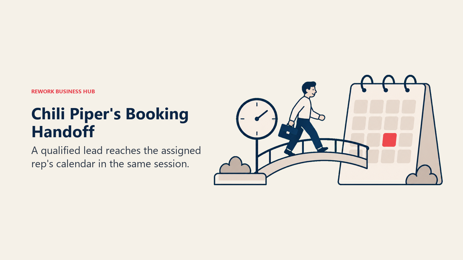 A clock and calendar linked by a bridge illustrate Chili Piper's same-session booking handoff.