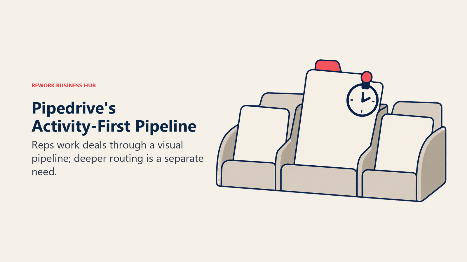 A deal organizer with a clock illustrates Pipedrive activity-led pipeline management.