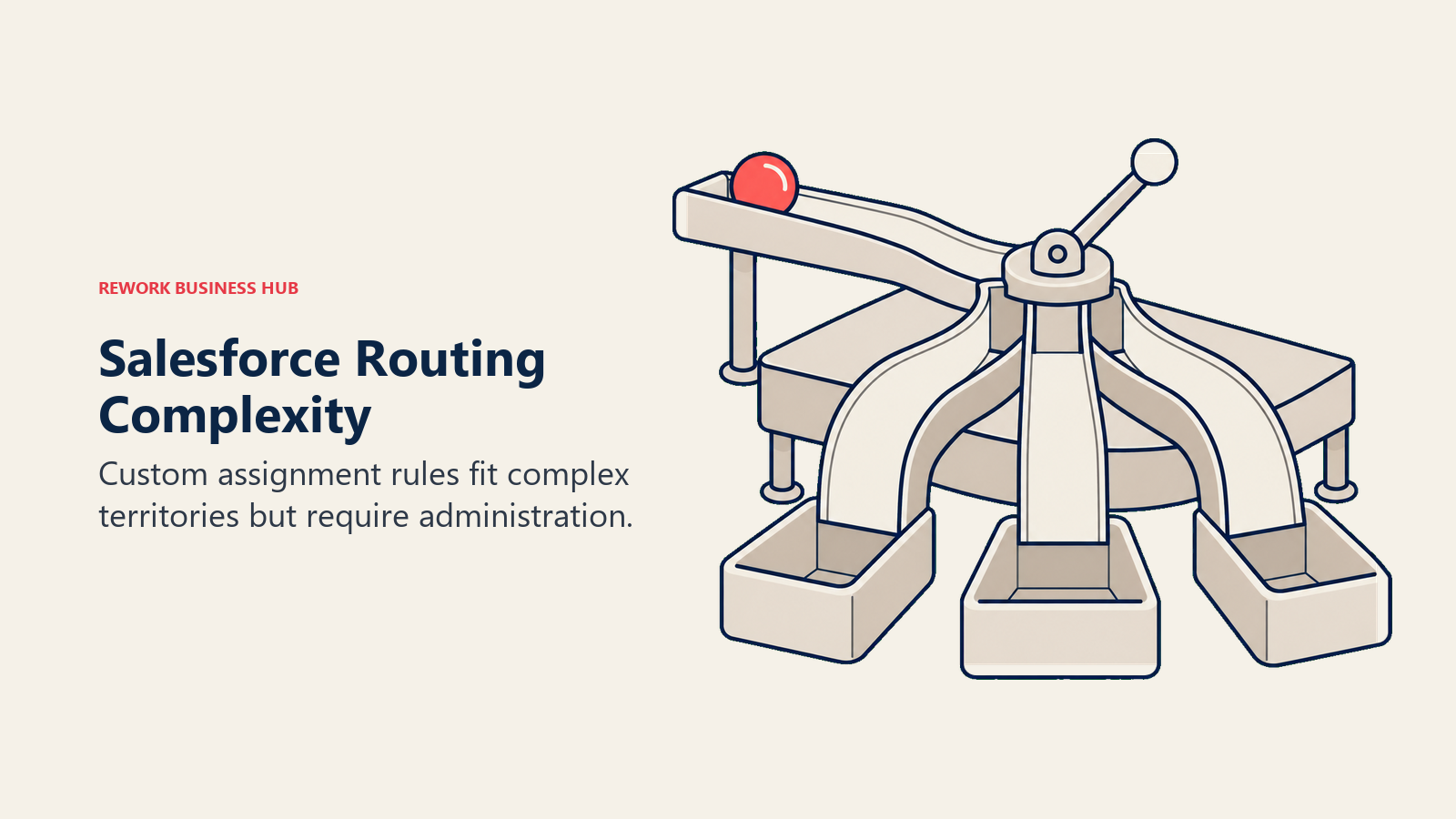 An adjustable routing track illustrates Salesforce assignment rules and administrative complexity.