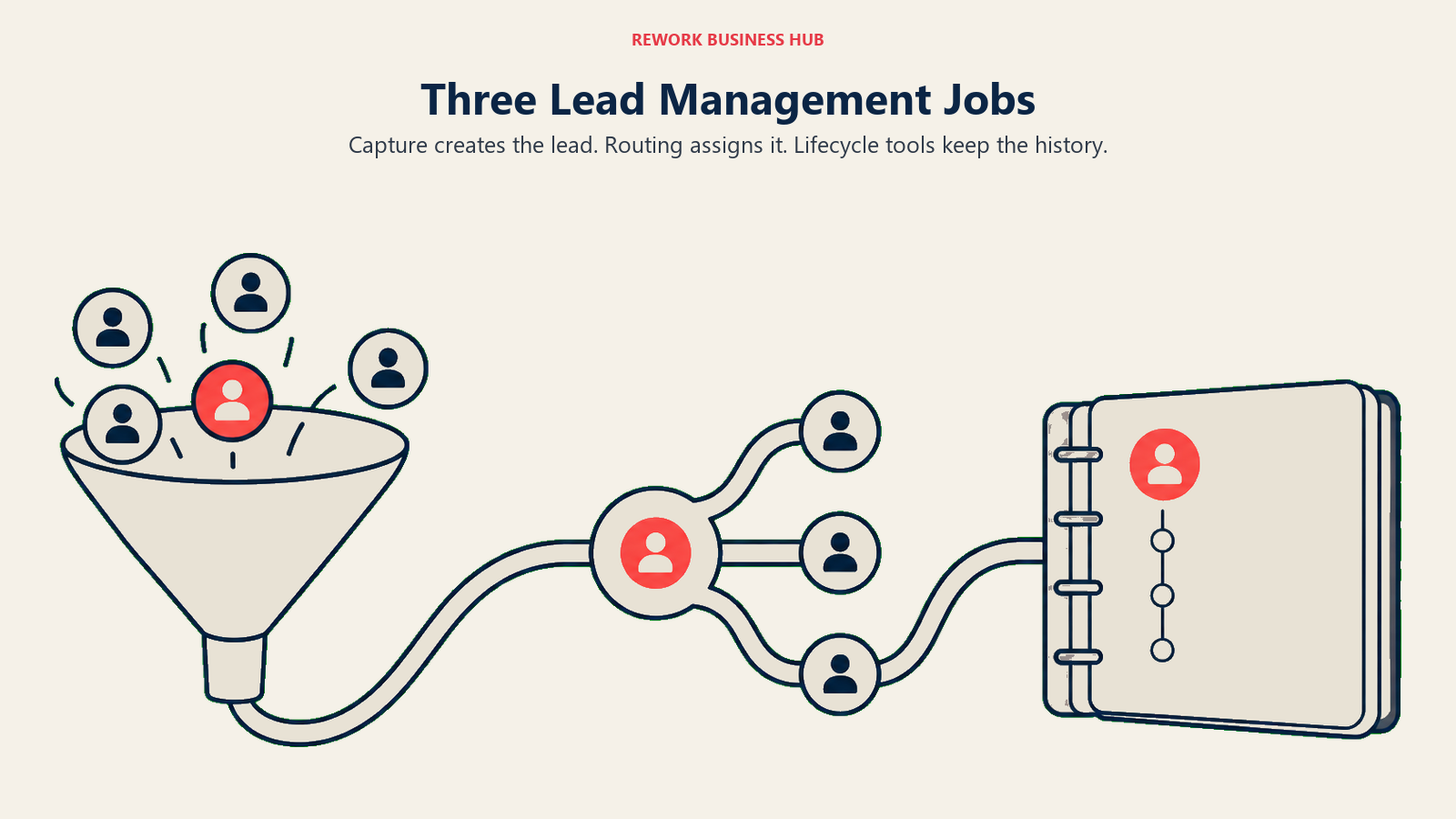 A funnel, branching assignment path, and contact record distinguish capture, routing, and lifecycle management.
