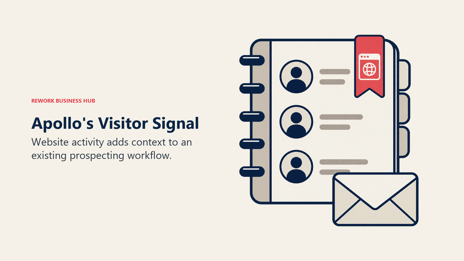 A website bookmark and envelope accompany a contact book to illustrate Apollo visitor signals.