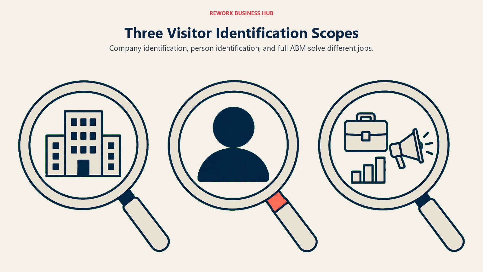 Three magnifying glasses distinguish company identification, person identification, and broader account marketing.