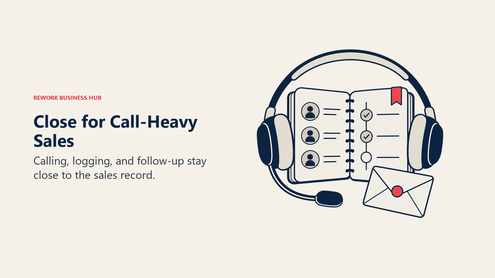 A headset surrounds a contact book and follow-up envelope for Close call-heavy sales.