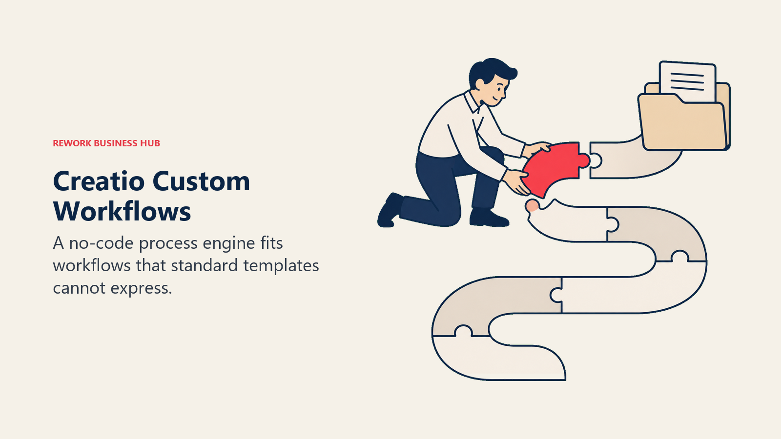 A person assembles a custom process path from puzzle pieces for Creatio workflows.