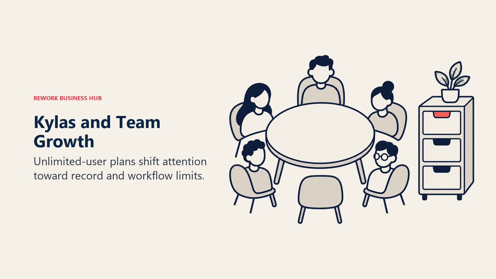 A growing team around a table and a record cabinet illustrate Kylas user and workflow considerations.