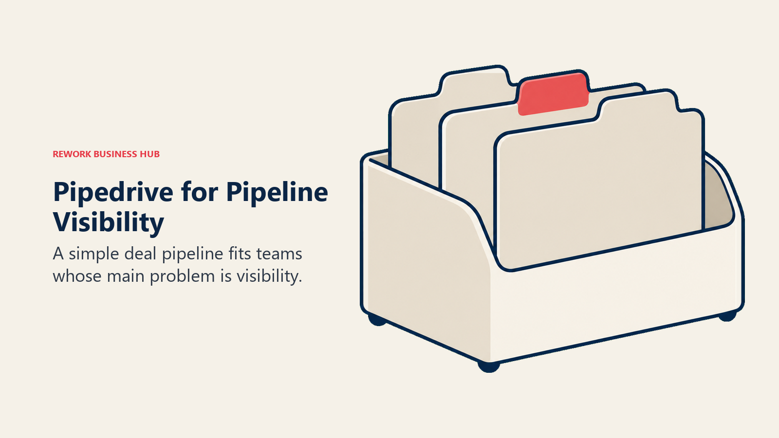 A simple organizer with highlighted deal folders illustrates Pipedrive pipeline visibility.