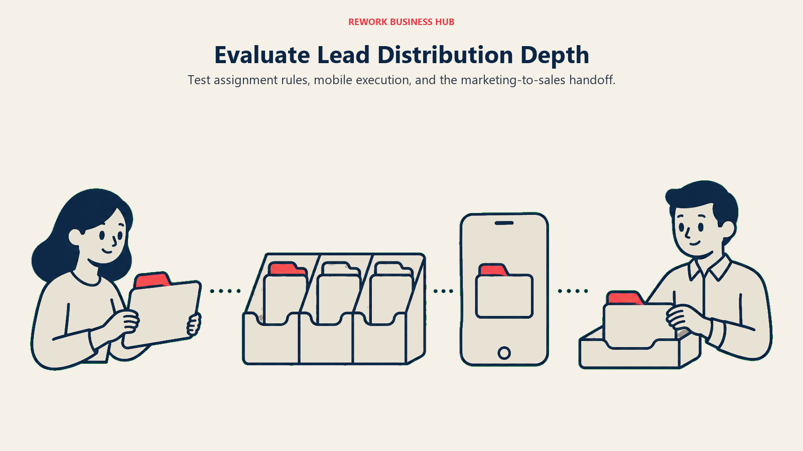 A lead moves through assignment trays and a mobile device to a sales rep, illustrating distribution evaluation.