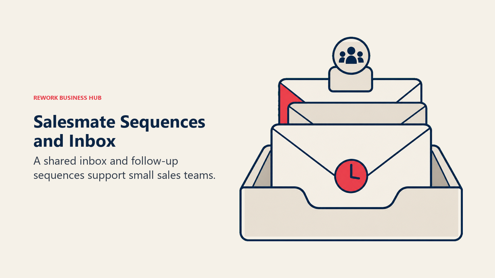 A shared inbox with a clock and team marker illustrates Salesmate follow-up sequences.