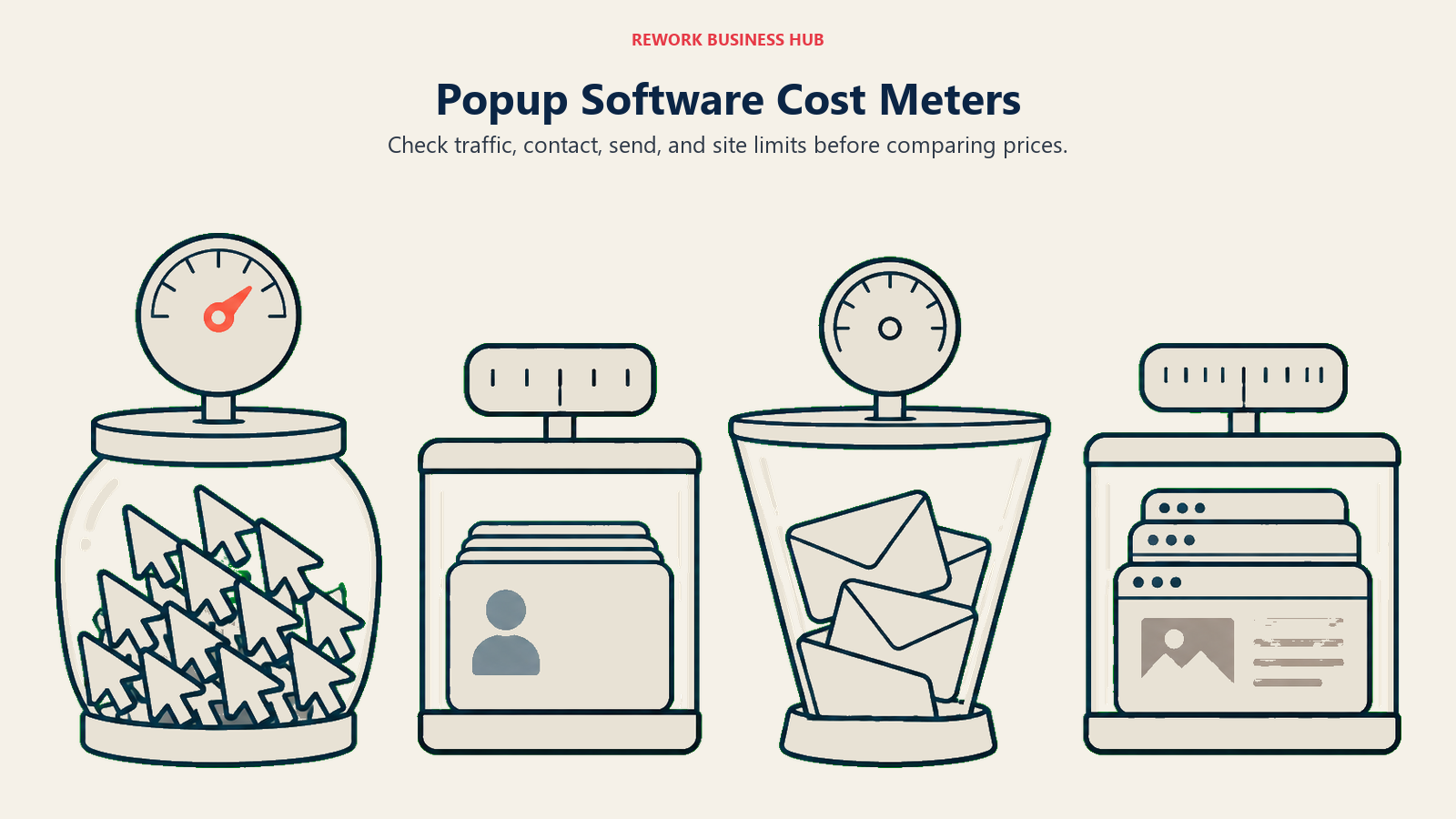 Separate metered containers hold traffic cursors, contacts, emails, and sites to illustrate popup software cost drivers.