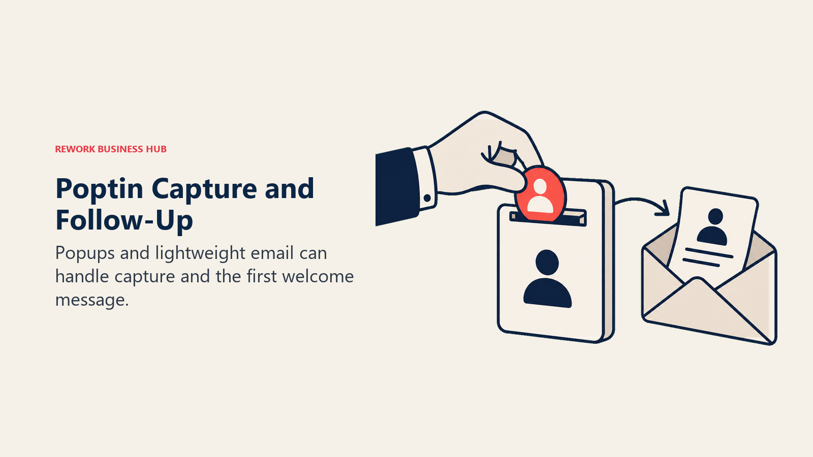 A captured contact moves to a welcome envelope to illustrate Poptin capture and follow-up.