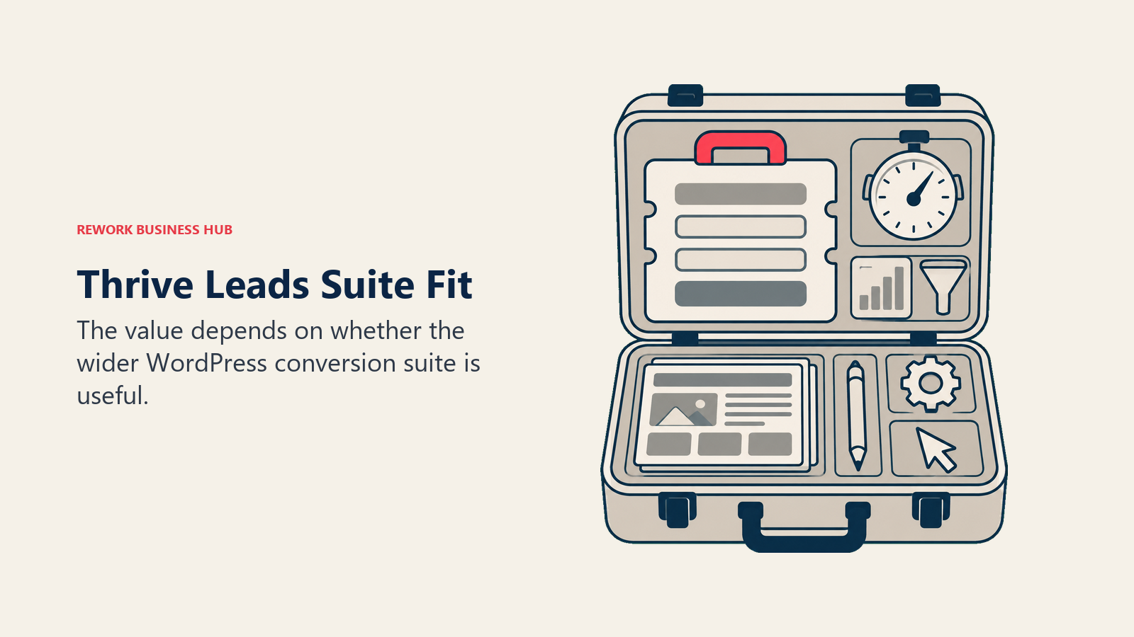 A toolkit of forms, pages, testing, and conversion components illustrates Thrive Leads suite fit.