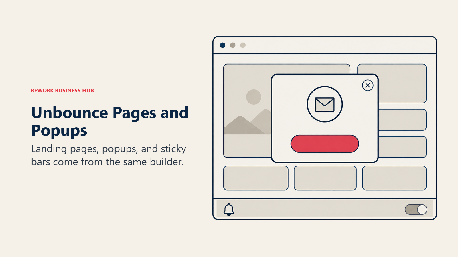 A popup overlays a landing page with a sticky bar to illustrate Unbounce's combined builder.