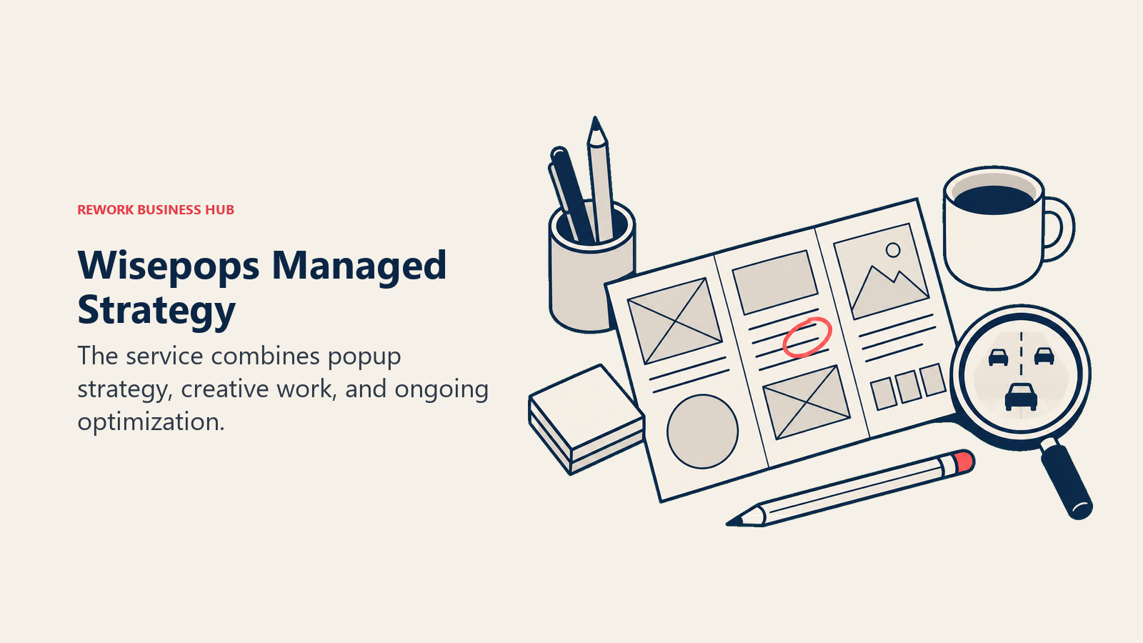 A wireframe workbench and traffic magnifier illustrate Wisepops managed popup strategy and optimization.