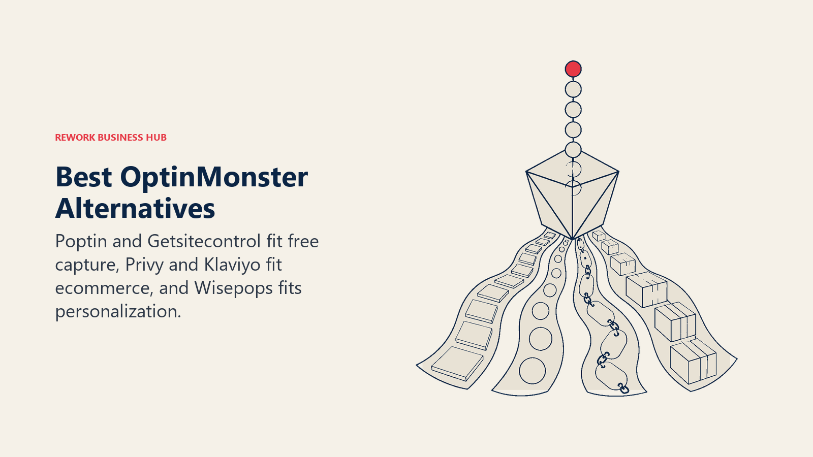 Best OptinMonster alternatives illustrated as one captured visitor stream refracted into traffic, contact, message, and purchase meters