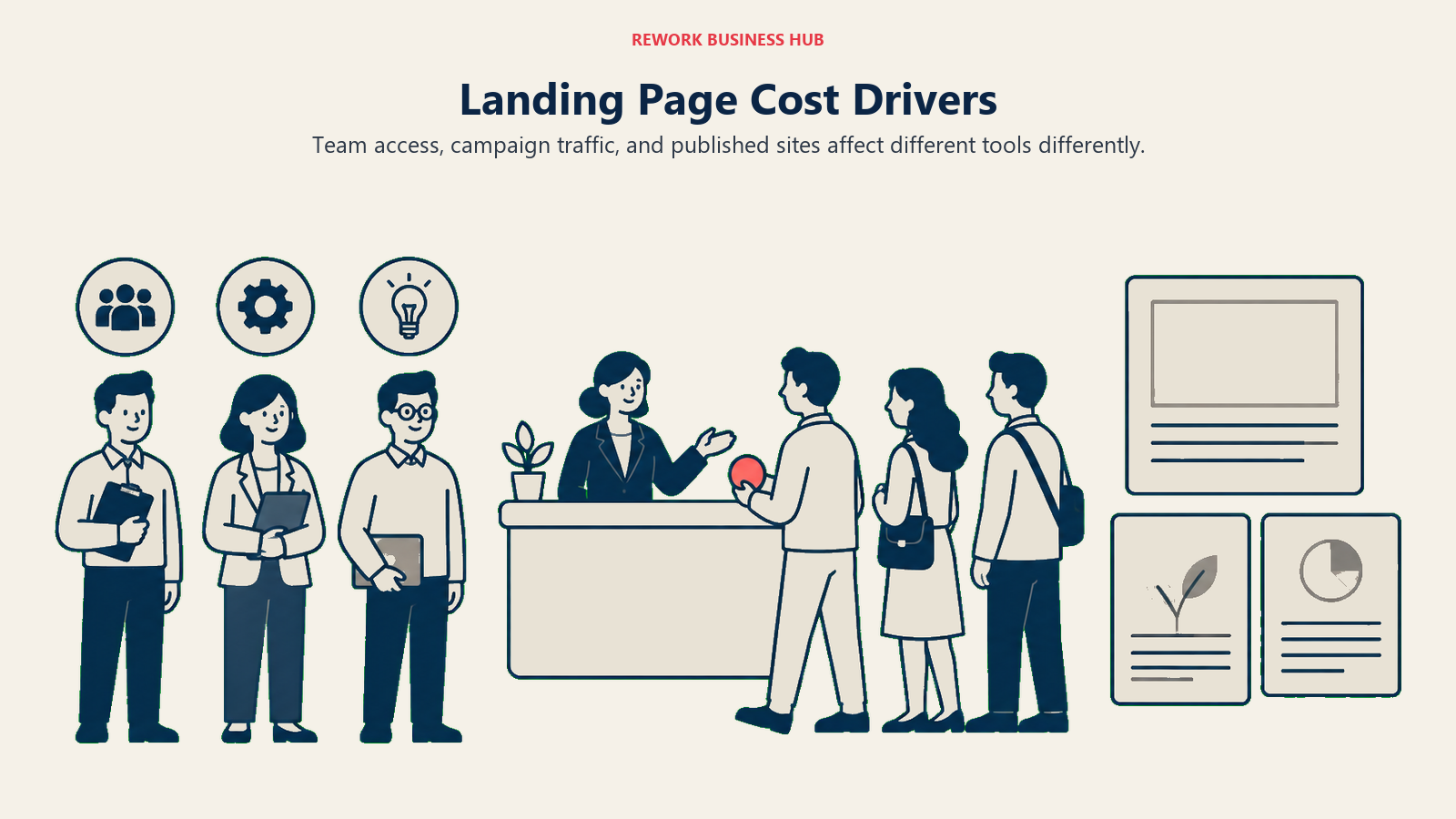 Team members, campaign visitors, and published pages illustrate landing-page software cost drivers.