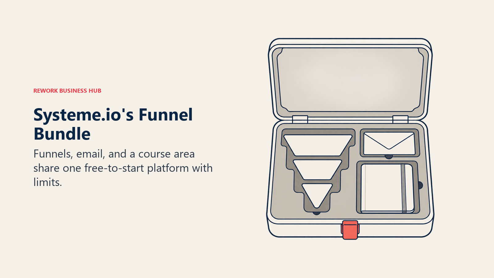 A toolkit holds a funnel, email, and course book for Systeme.io's bundled platform.