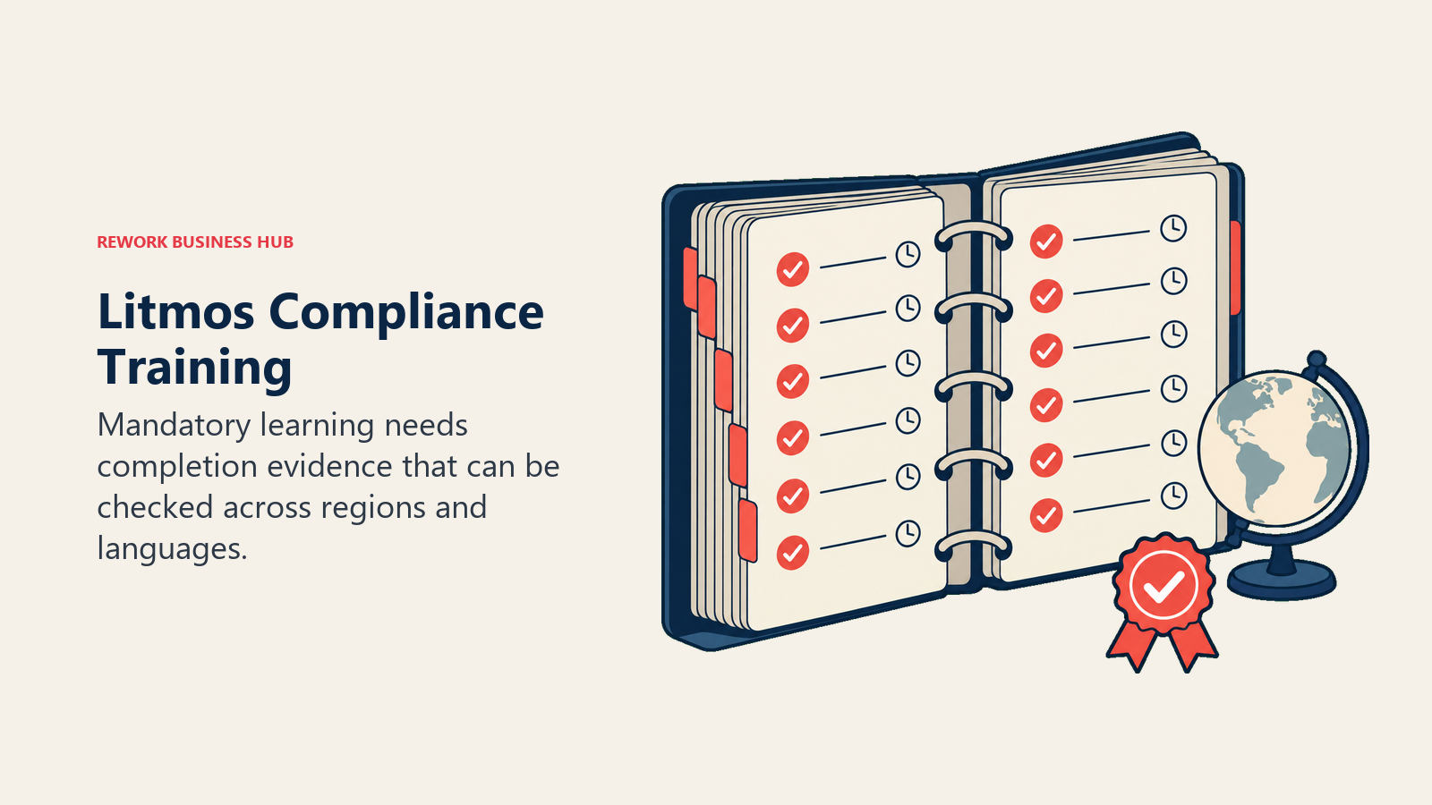 Litmos compliance binder with completion checks, timestamps and a globe for international training