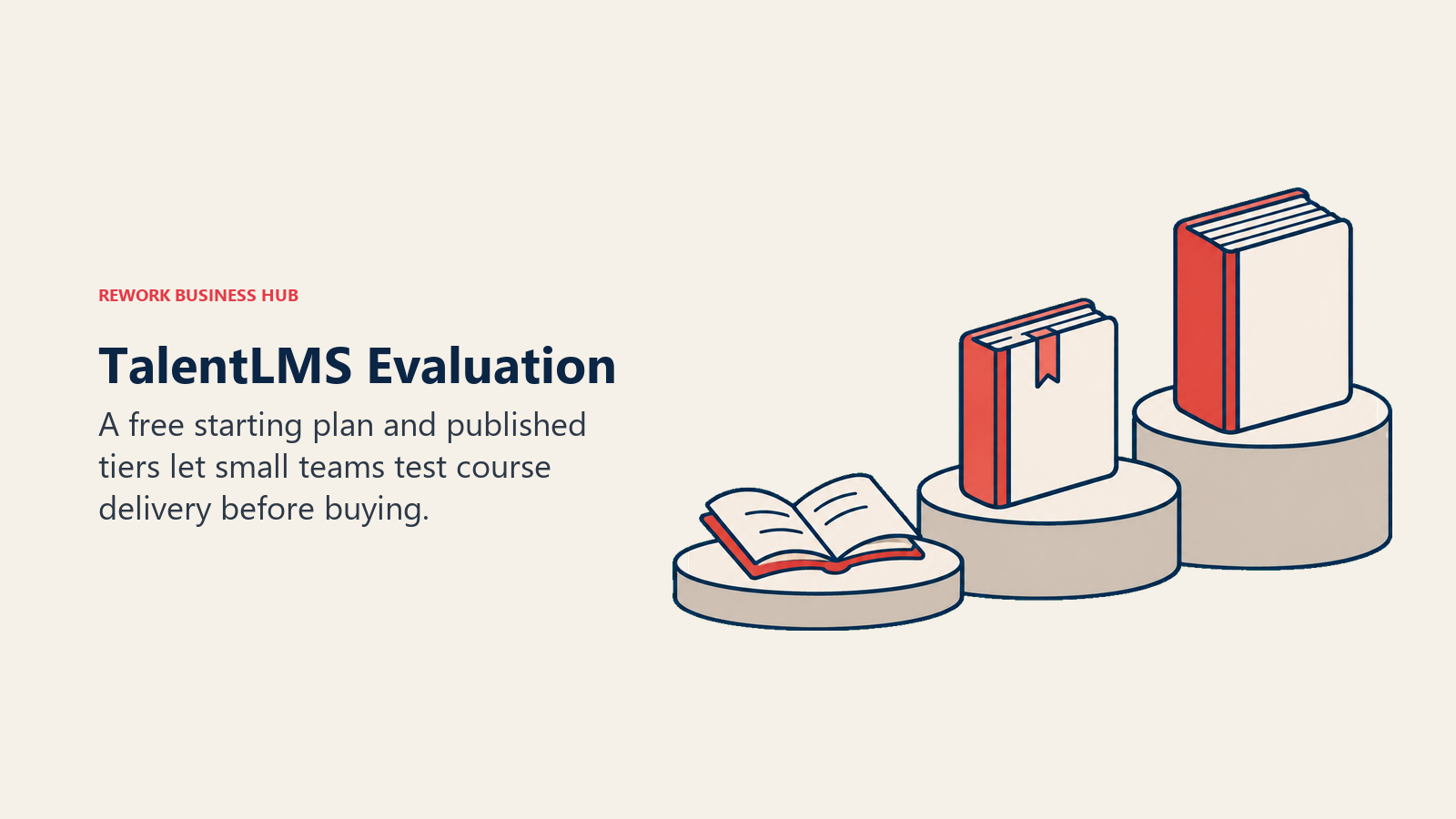 TalentLMS evaluation represented by a small open course book and larger published plan tiers