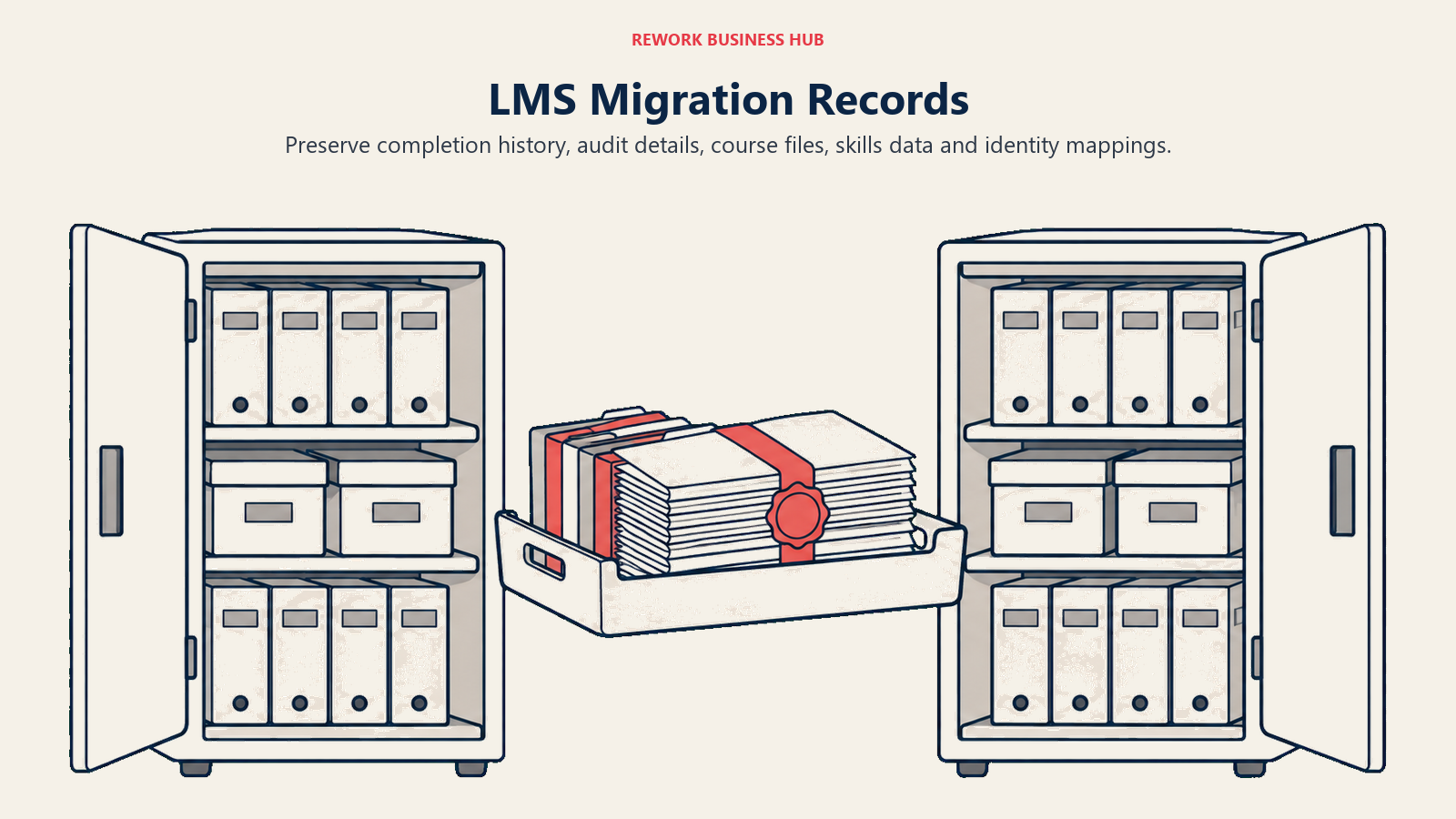 Training history, course files and audit evidence being preserved between LMS record cabinets