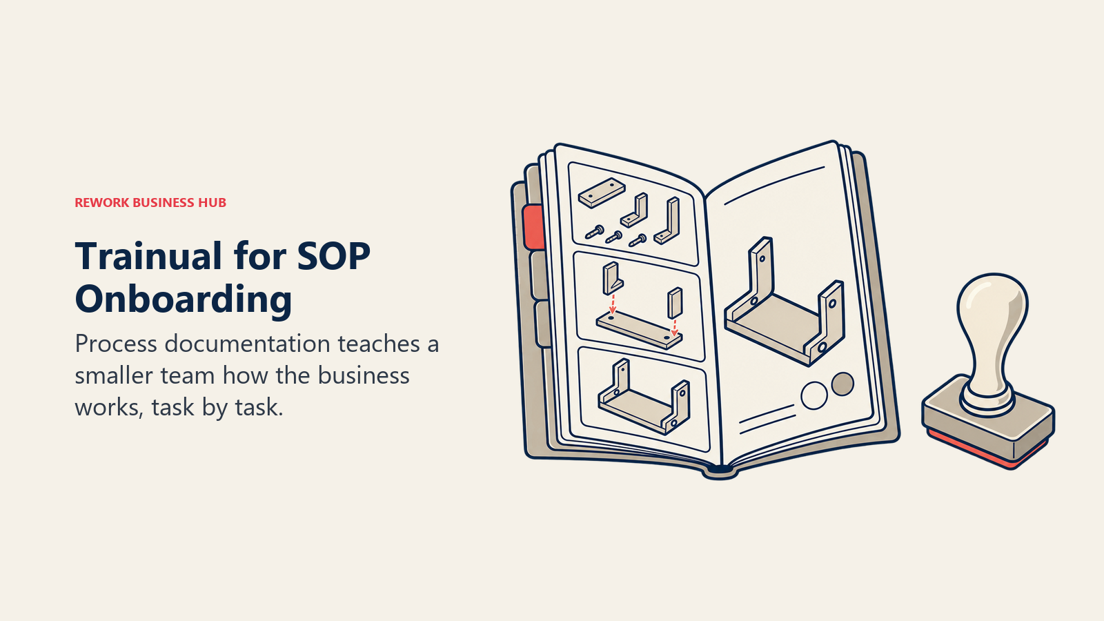 Trainual for SOP Onboarding illustrated by tabbed process manual on desk