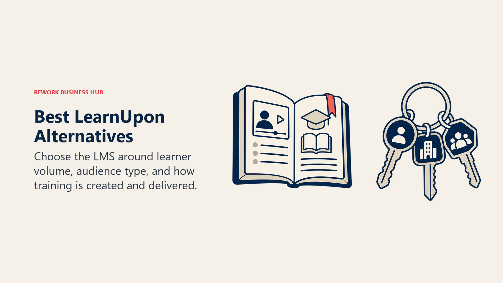 Best LearnUpon Alternatives illustrated by learning portal keys and course book