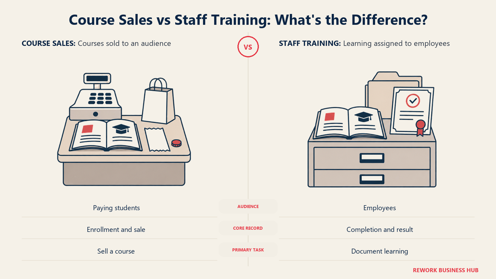 Course sales and staff training compared through a shop counter and employee completion records