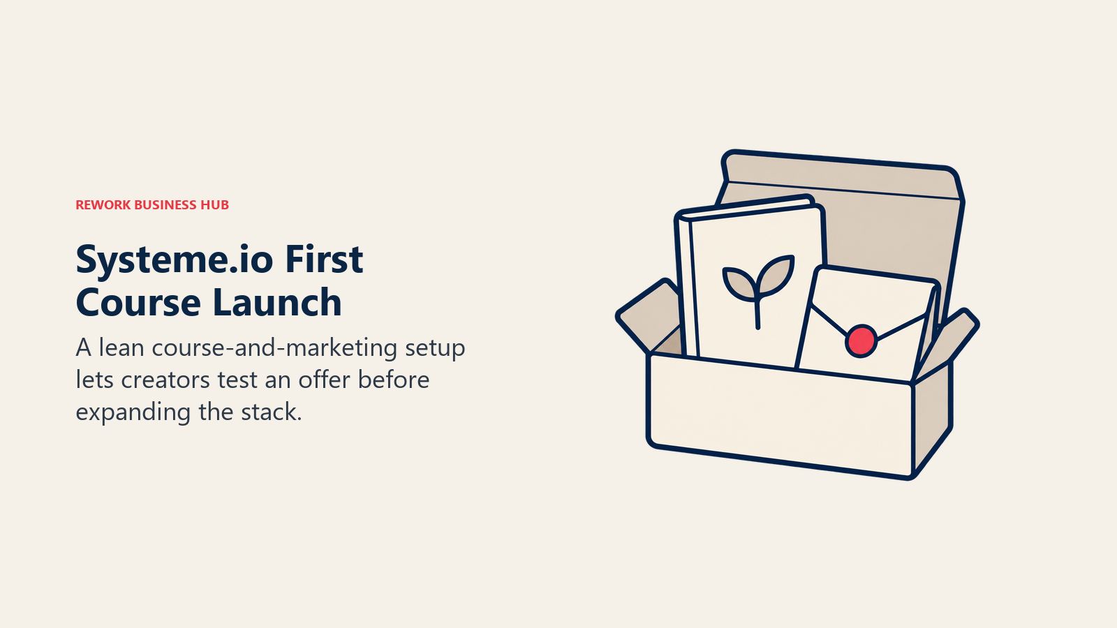 Systeme.io first course launch shown as a small kit with a course booklet and envelope