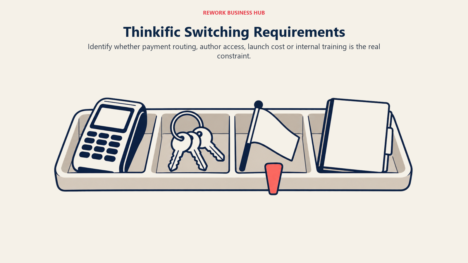 Thinkific switching requirements shown as payment, author access, launch and employee-training objects
