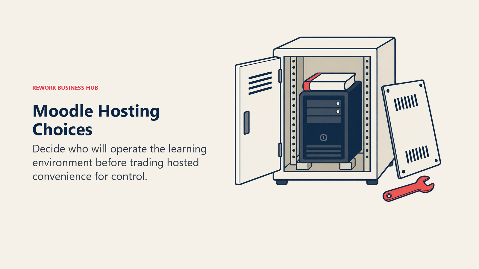 Moodle hosting choices shown as a learning book above an accessible maintenance cabinet
