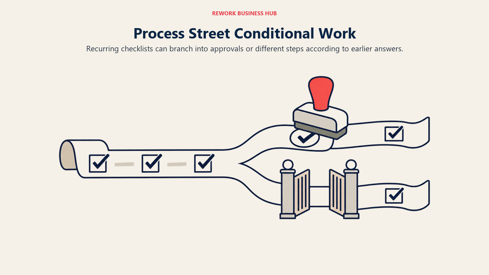 Process Street conditional work shown as a checklist branching through approval and continuation paths