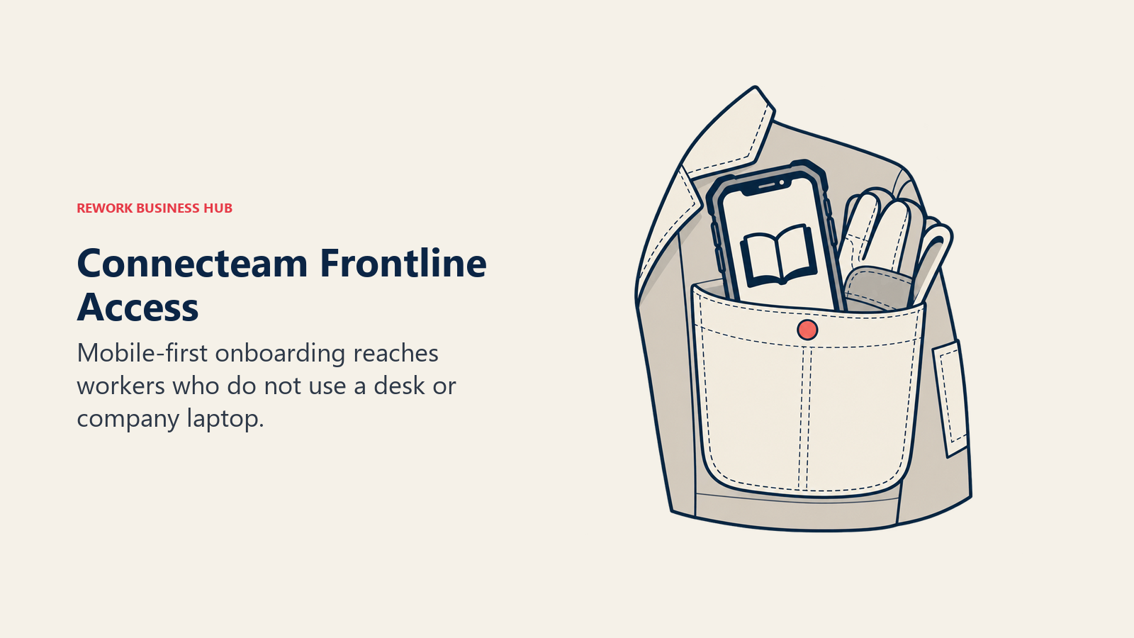 Connecteam frontline onboarding shown as a course phone in a work-jacket pocket