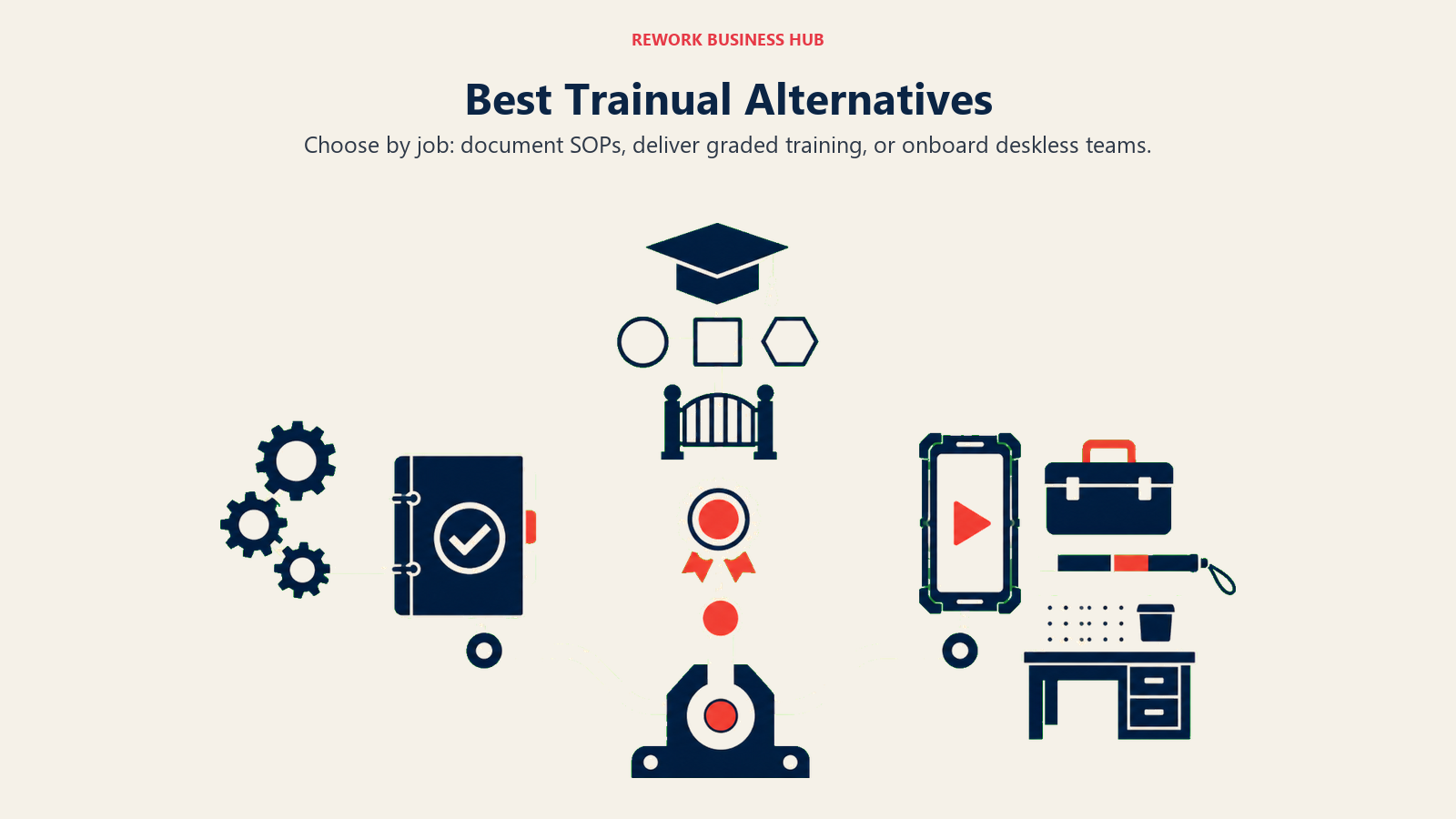 Trainual alternatives sorted into SOP documentation, graded learning, and deskless onboarding paths
