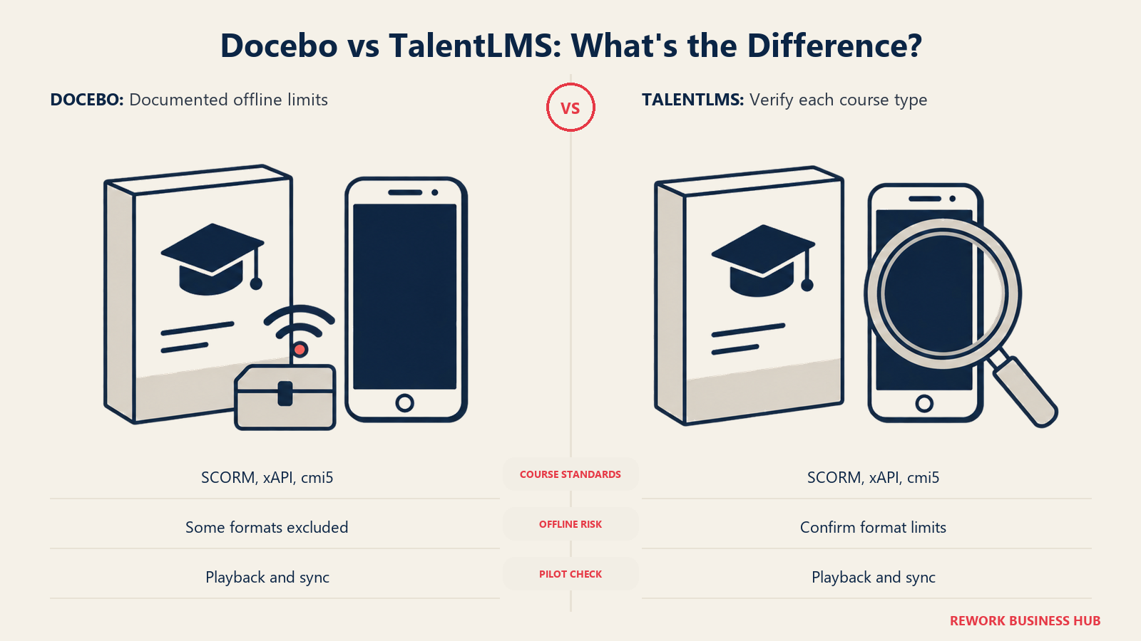 Docebo and TalentLMS course import and offline checks compared through course packages and phones