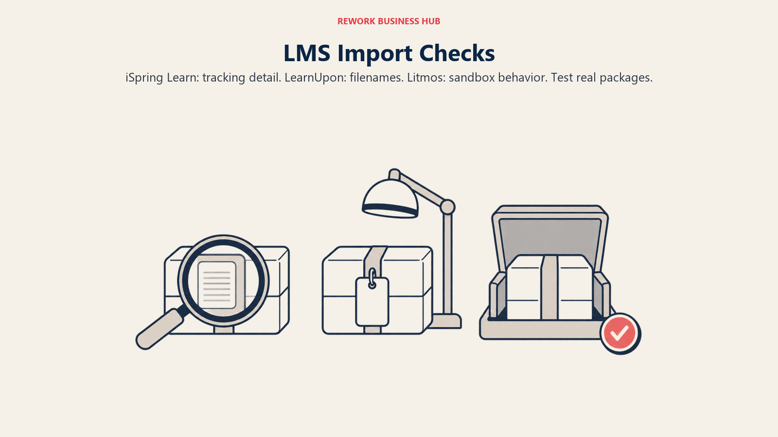 iSpring Learn, LearnUpon and Litmos import checks shown as three course-package testing stations