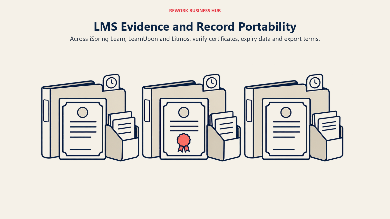 Training records, certificates and export checks for iSpring Learn, LearnUpon and Litmos shown as three portable folders