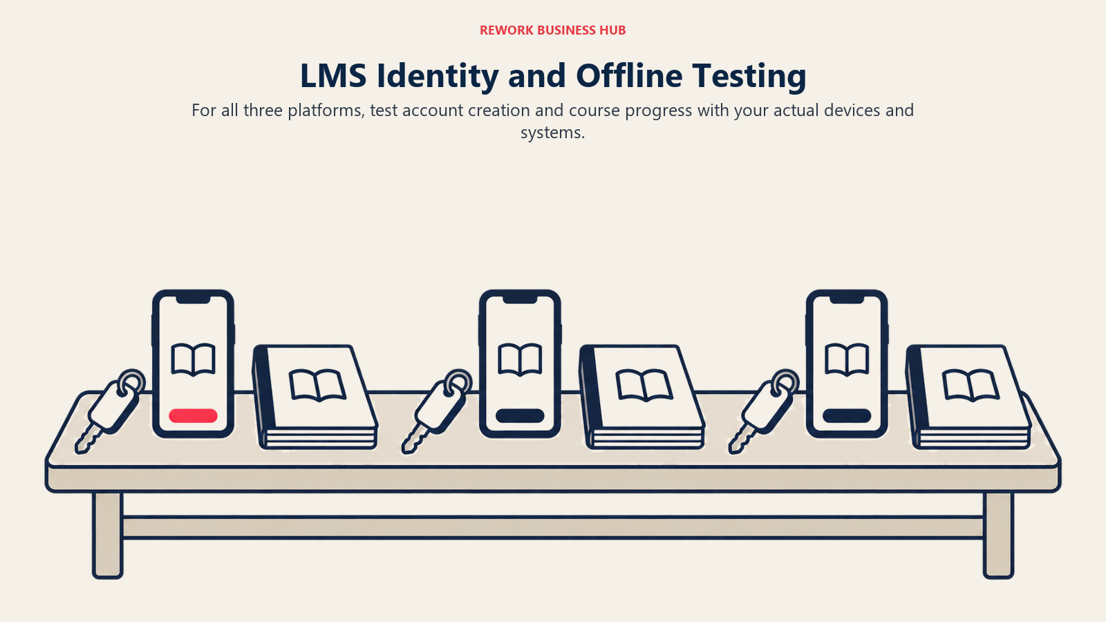 Identity and offline course testing across iSpring Learn, LearnUpon and Litmos shown on three devices