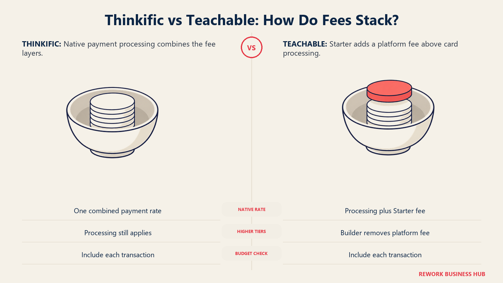 Thinkific and Teachable fee layers shown as a single payment stack versus an added Starter fee layer
