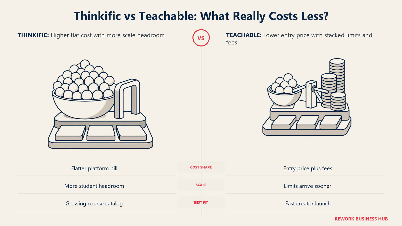 Thinkific flat platform cost compared with Teachable's lower entry gate and stacked transaction fees