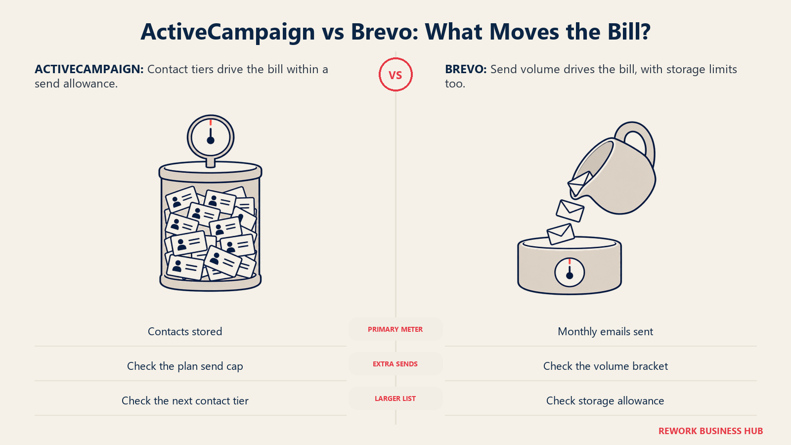 ActiveCampaign contact tiers and Brevo send-volume billing shown as stored cards and measured outgoing envelopes