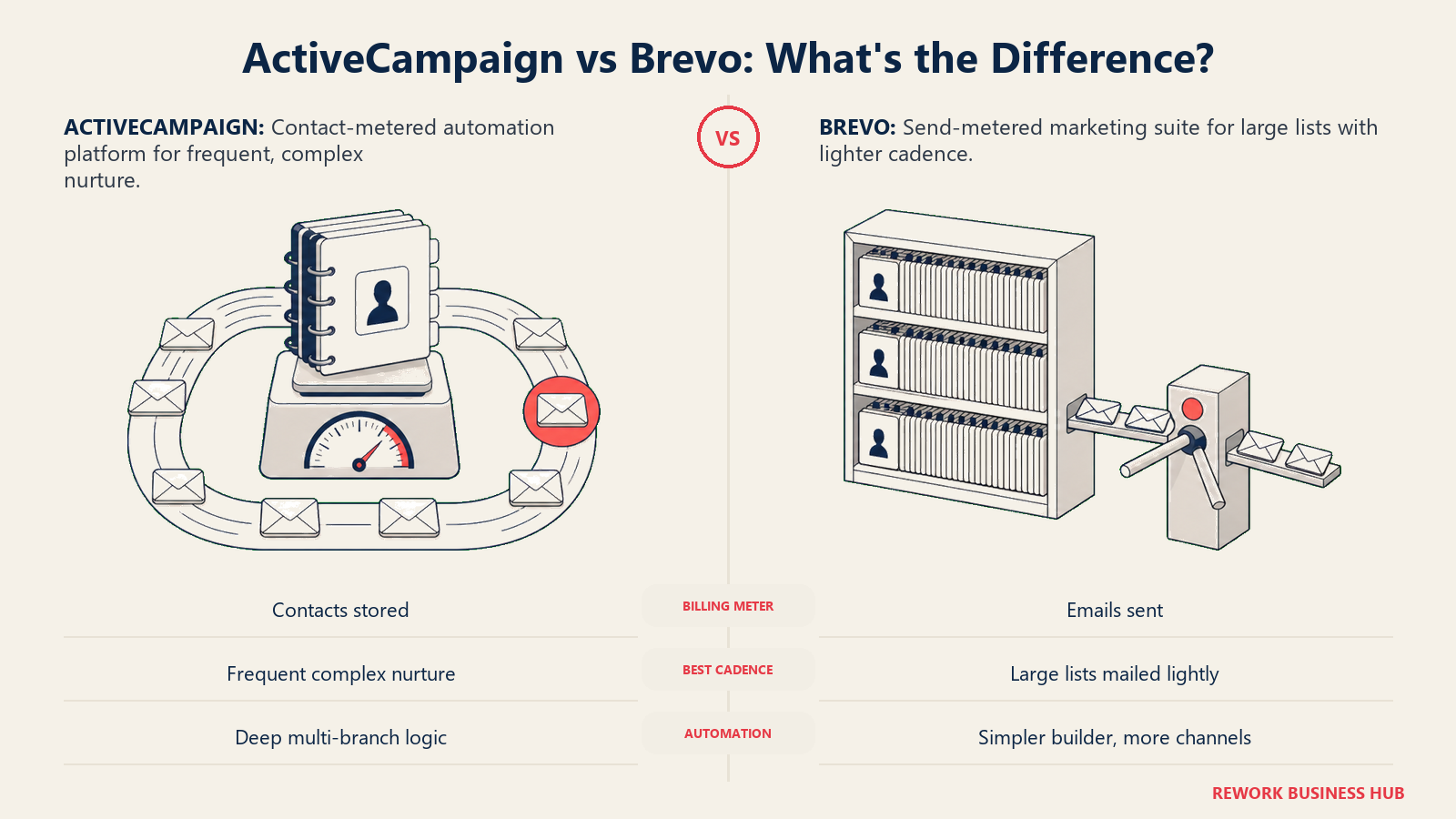 ActiveCampaign versus Brevo shown as a contact-storage meter compared with an outgoing-email send meter