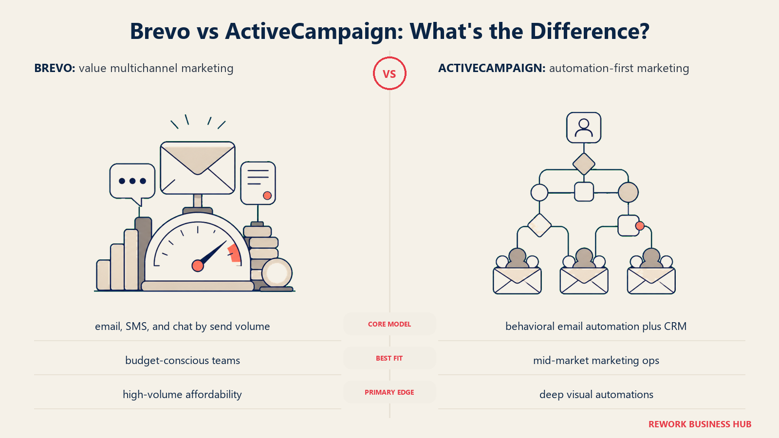 Brevo versus ActiveCampaign shown with matched metaphors for their operating models