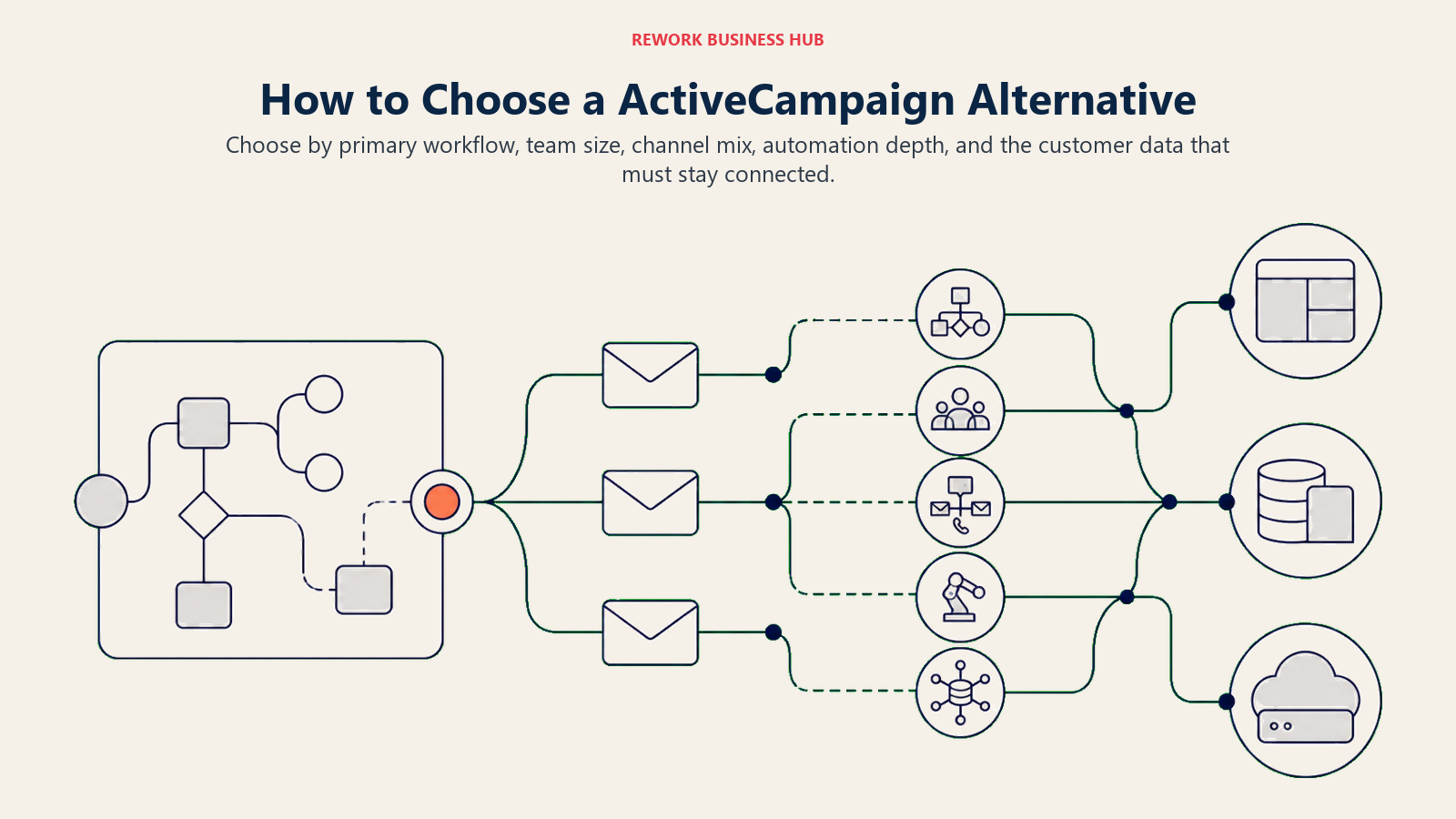 How to Choose a ActiveCampaign Alternative illustrated as a buyer compass beginning beside a branching automation canvas feeding segmented envelopes, then five distinct route markers for workflow, team scale, channel mix, automation depth, and connected customer data, ending at three different platform destinations