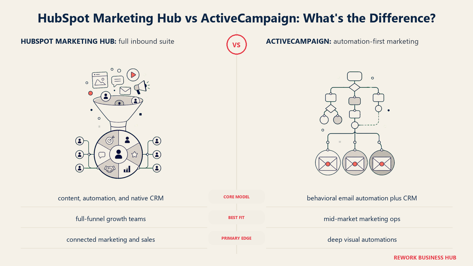 HubSpot Marketing Hub versus ActiveCampaign shown with matched metaphors for their operating models