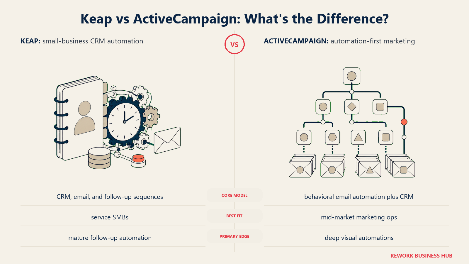 Keap versus ActiveCampaign shown with matched metaphors for their operating models